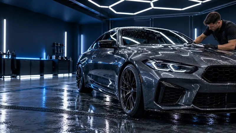 Šedý sportovní vůz v osvětlené detailingové hale, technik leští kapotu hadříkem